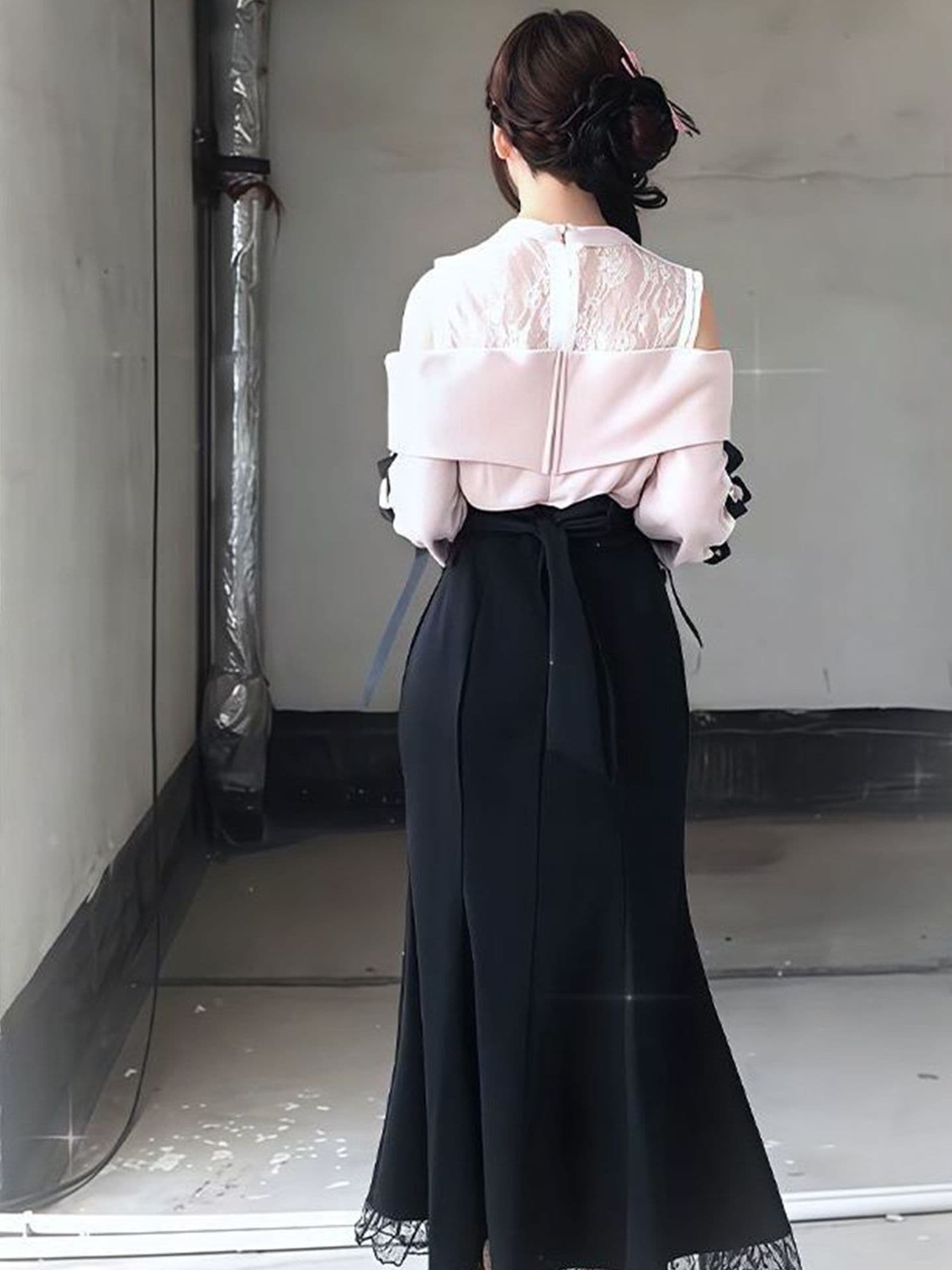 클리어 부서 검정색 나비 매듭 패치워크 레이스 레이스 오프숄더 레이스업 긴팔 점프 슈트 롱 스커트 할로윈 cos 서비스 상세 이미지 4