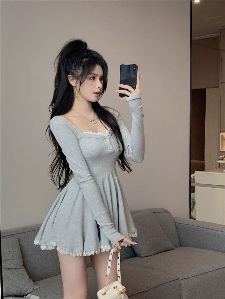 패션 폭발 핫걸 바람 드레스 가을 새로운 허리 수축 품격 플리츠 순수한 욕망 한 마디 타이트 스커트 긴팔 치마 이미지 3