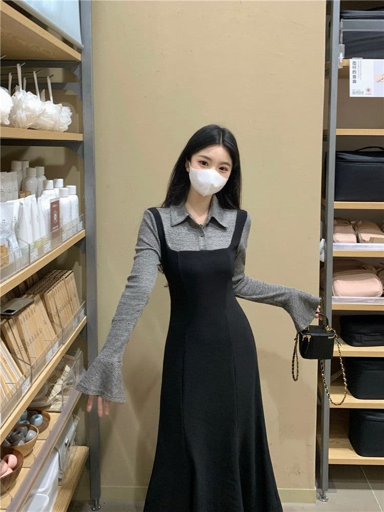 빅 사이즈 한국 스타일 몸매 가꾸기 페이크 레이어드 여성 드레스 가을 겨울 지방 mm 허리 수축 슬림해 보이는 그는 벤 바람 패션 한 마디 롱 스커트 상세 이미지 11