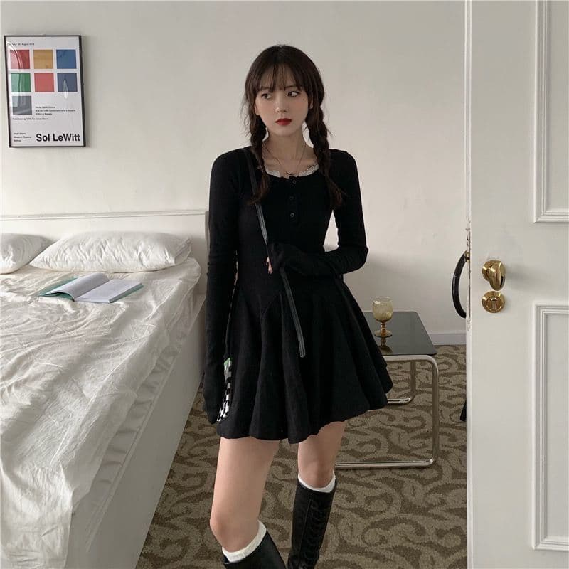 디자인 센스 작은 대중 검정색 몸매 가꾸기 긴팔 여성 드레스 가을 작은 키 한 마디 미니 스커트 허리 수축 슬림해 보이는 치마 상세 이미지 2