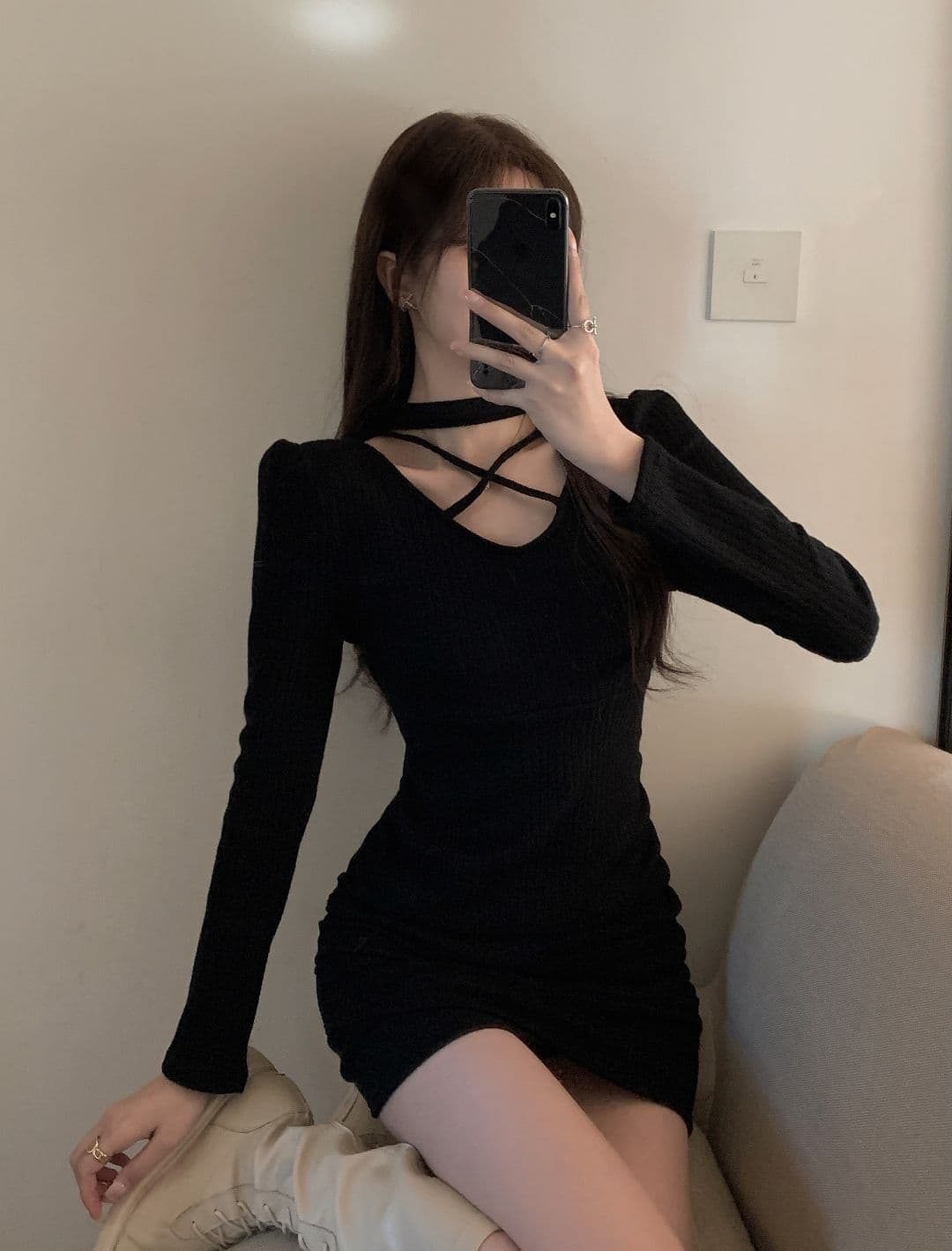 심장 기계 행침 목 긴팔 슬림해 보이는 섹시함 주름 여성 드레스 가을 새로운 몸매 가꾸기 다용도 품격 타이트 스커트 상세 이미지 16