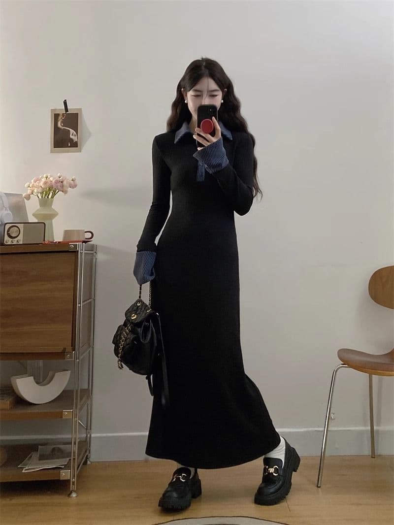 검정색 패치워크 POLO 칼라 니트 여성 드레스 가을 겨울철 긴팔 허리 수축 치마 레트로 품격 한 마디 롱 스커트 상세 이미지 13