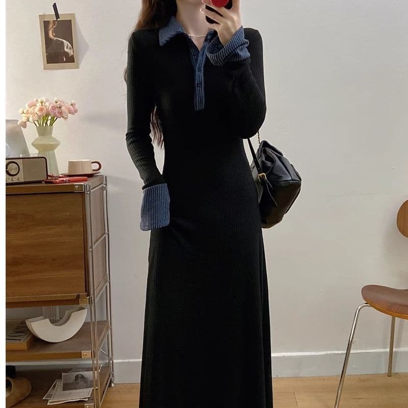 검정색 패치워크 POLO 칼라 니트 여성 드레스 가을 겨울철 긴팔 허리 수축 치마 레트로 품격 한 마디 롱 스커트 상세 이미지 18