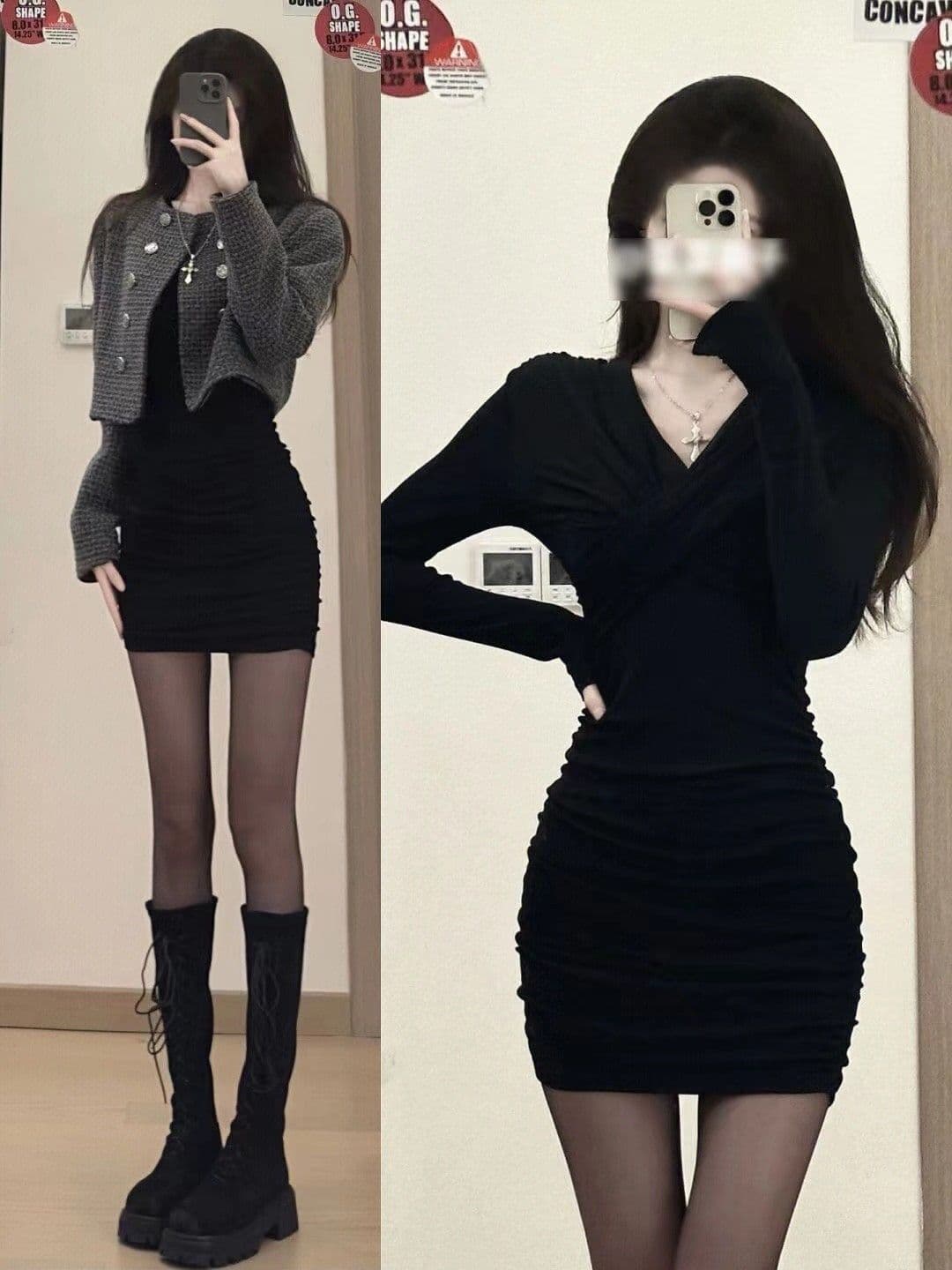 슈퍼 화재 새로운 그는 벤 바람 검정색 섹시함 핫걸 드레스 아이들 가을 고급 센스 로얄 자매 타이트 타이트 스커트 상세 이미지 10