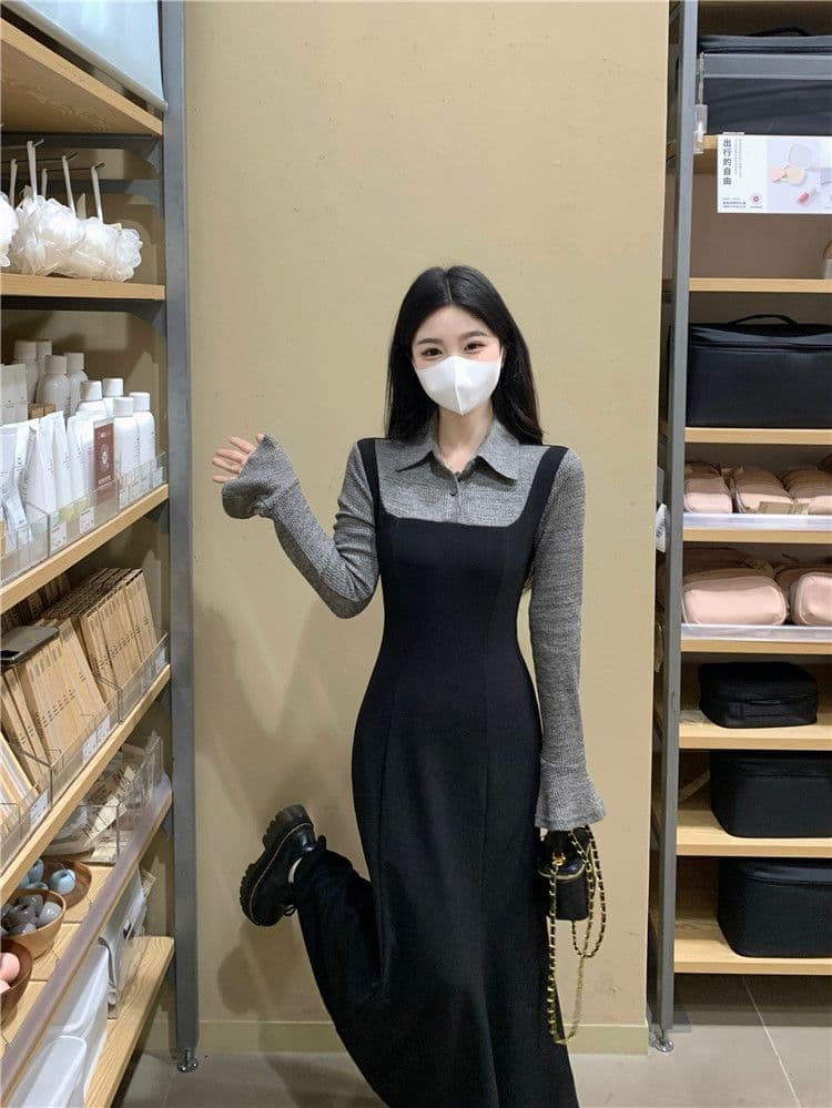 빅 사이즈 한국 스타일 몸매 가꾸기 페이크 레이어드 여성 드레스 가을 겨울 지방 mm 허리 수축 슬림해 보이는 그는 벤 바람 패션 한 마디 롱 스커트 상세 이미지 10