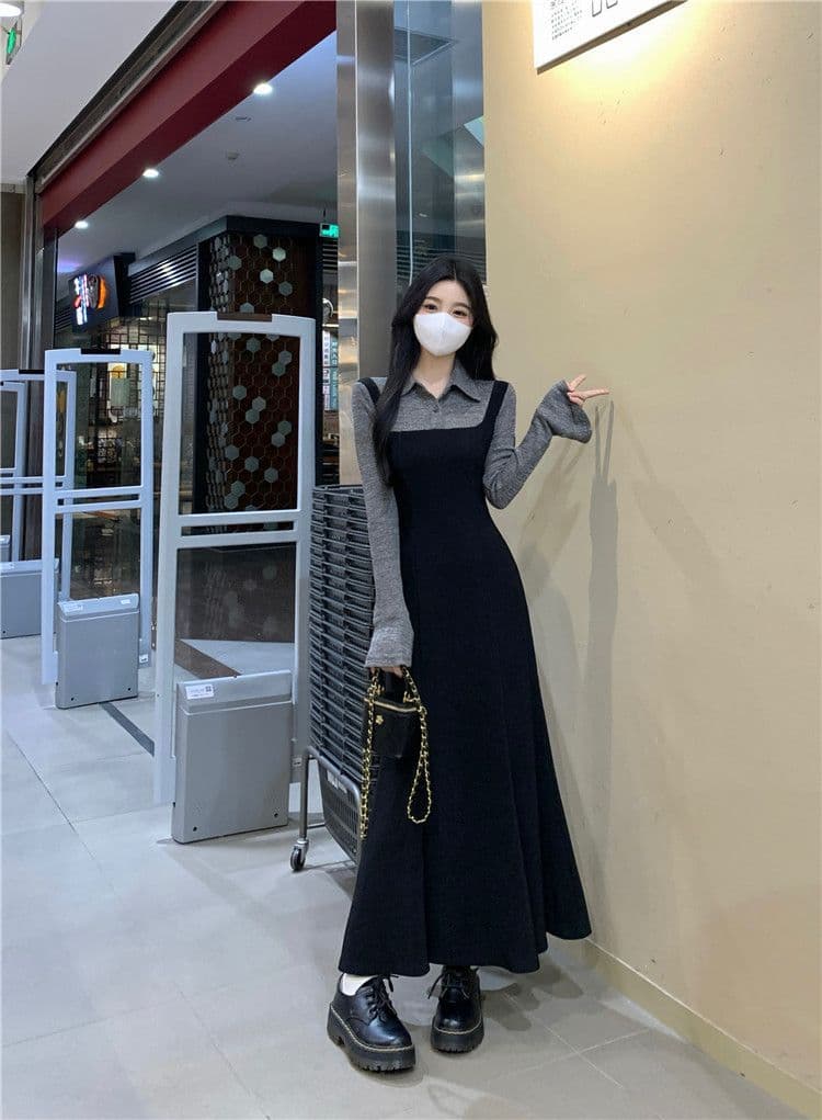 빅 사이즈 한국 스타일 몸매 가꾸기 페이크 레이어드 여성 드레스 가을 겨울 지방 mm 허리 수축 슬림해 보이는 그는 벤 바람 패션 한 마디 롱 스커트 상세 이미지 14