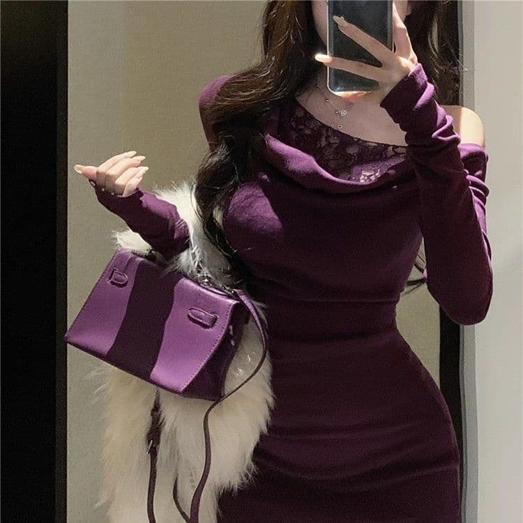 순수한 욕망 바람 섹시함 비스듬한 어깨 긴팔 여성 드레스 가을 겨울 새로운 디자인 센스 레이스 조각 몸매 가꾸기 타이트 스커트 미니 스커트 상세 이미지 12