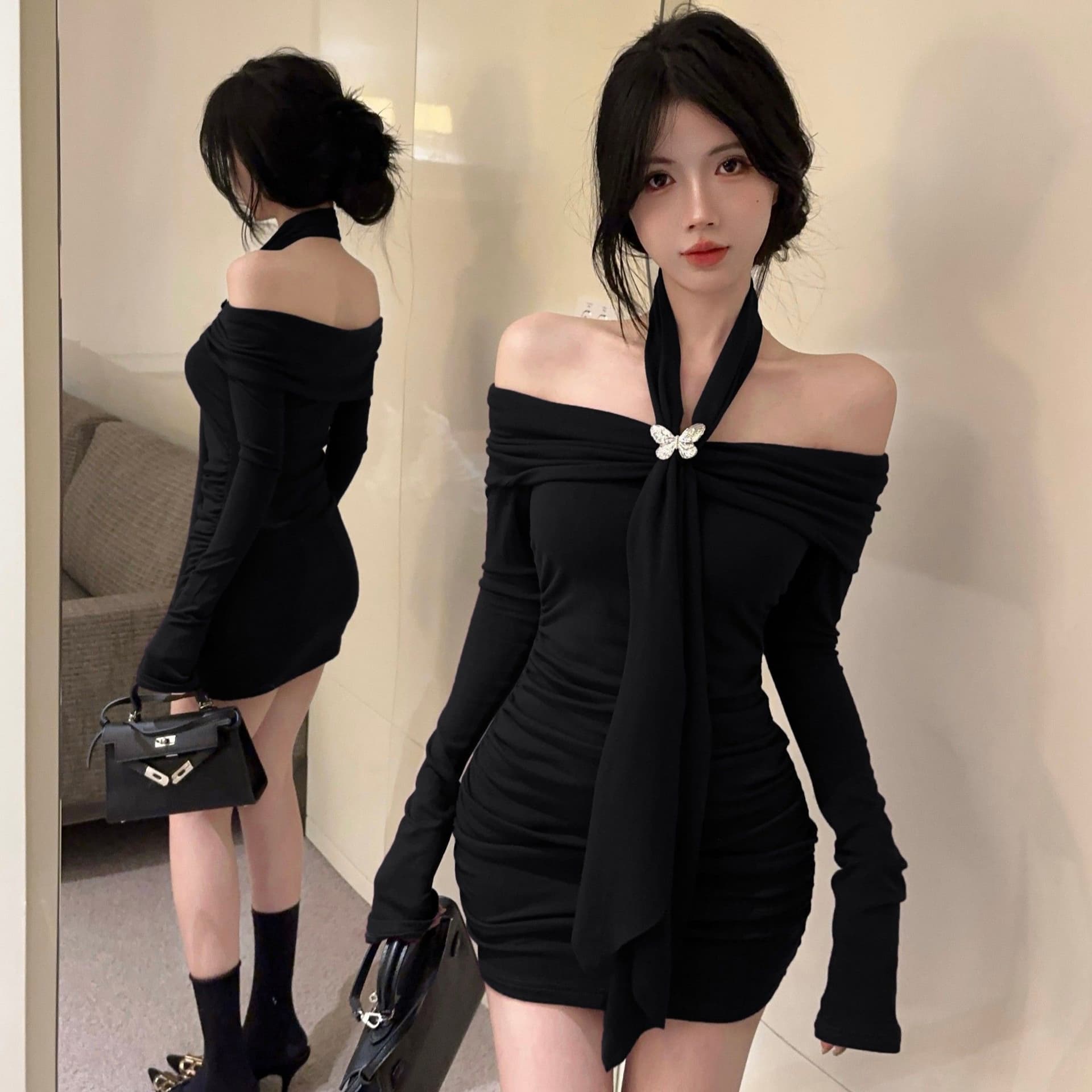 오프숄더 보라색 행침 목 긴팔 여성 드레스 가을 의상 몸매 가꾸기 허리 수축 치마 순수한 욕망 바람 타이트 타이트 스커트 미니 스커트 이미지 5