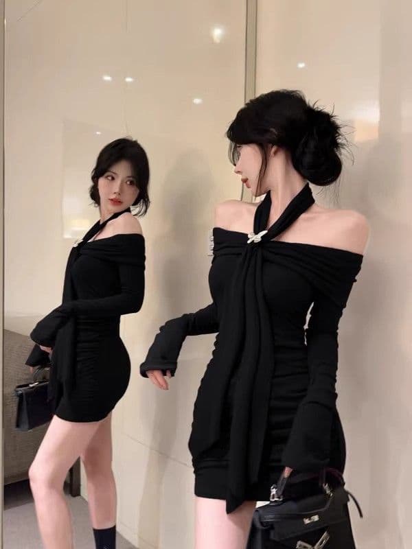 오프숄더 보라색 행침 목 긴팔 여성 드레스 가을 의상 몸매 가꾸기 허리 수축 치마 순수한 욕망 바람 타이트 타이트 스커트 미니 스커트 상세 이미지 8