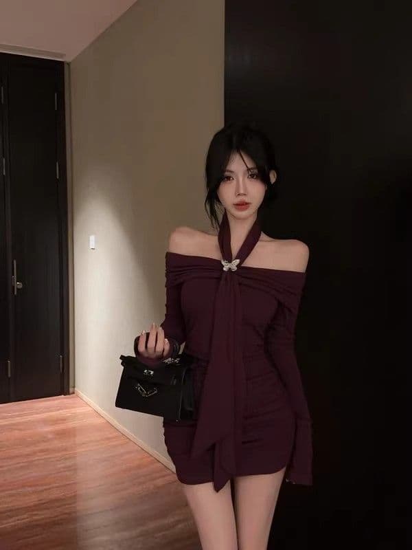 오프숄더 보라색 행침 목 긴팔 여성 드레스 가을 의상 몸매 가꾸기 허리 수축 치마 순수한 욕망 바람 타이트 타이트 스커트 미니 스커트 상세 이미지 15