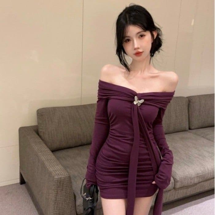 오프숄더 보라색 행침 목 긴팔 여성 드레스 가을 의상 몸매 가꾸기 허리 수축 치마 순수한 욕망 바람 타이트 타이트 스커트 미니 스커트 상세 이미지 18
