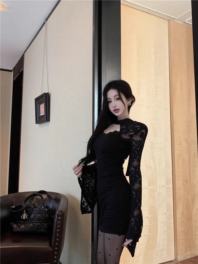 순수한 욕망 백리스 레이스 스티치 슬리브 행침 목 여성 드레스 가을 섹시함 홀로우 아웃 핫걸 타이트 스커트 외국 가스 미니 스커트 상세 이미지 5