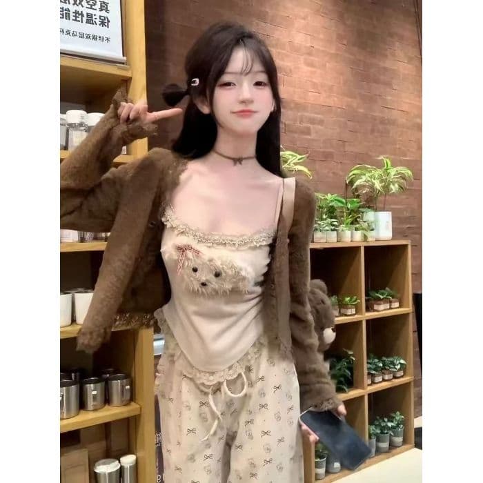 슈퍼 화재 가을 새로운 달콤함 분위기 센스 오픈 가디건 슬림해 보이는 인사이드 가져 가라. 캐미솔 캐주얼 긴 바지 세 조각 세트 상세 이미지 6
