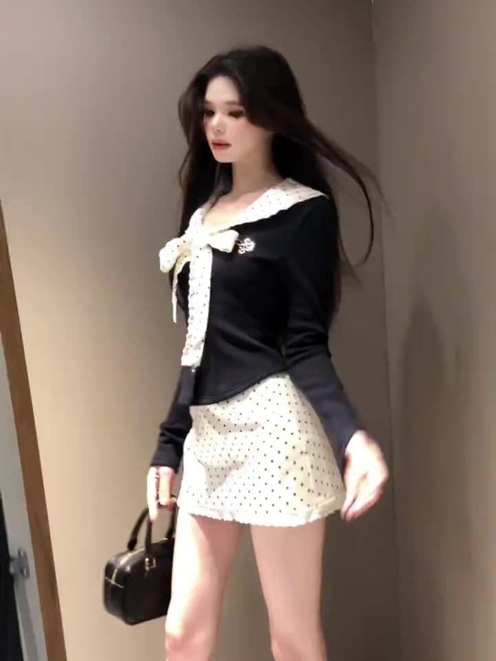 한국 동대문 베이비 칼라 스트랩 티셔츠 세트 여성 가을 겨울 하이웨이스트 도트 무늬 타이트 스커트 반신 스커트 몸매 가꾸기 맨위 이미지 4