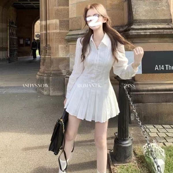 가을 새로운 학원 스타일 화이트 긴팔 셔츠 여성 드레스 허리 수축 품격 디자인 센스 칼라 플리츠 짧은 치마 상세 이미지 1