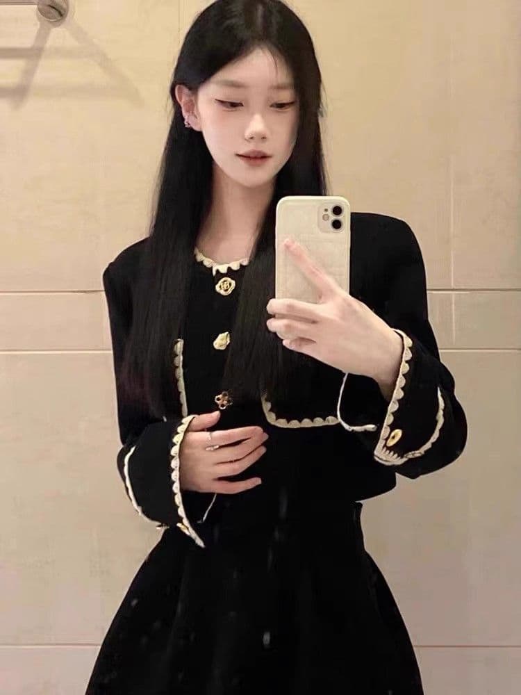 패션 슈퍼 화재 가을 겨울 새로운 빛 럭셔리 작은 샤넬 스타일 두꺼운 짧은 외투 하이웨이스트 반신 스커트 학원 스타일 투피스 세트 상세 이미지 2