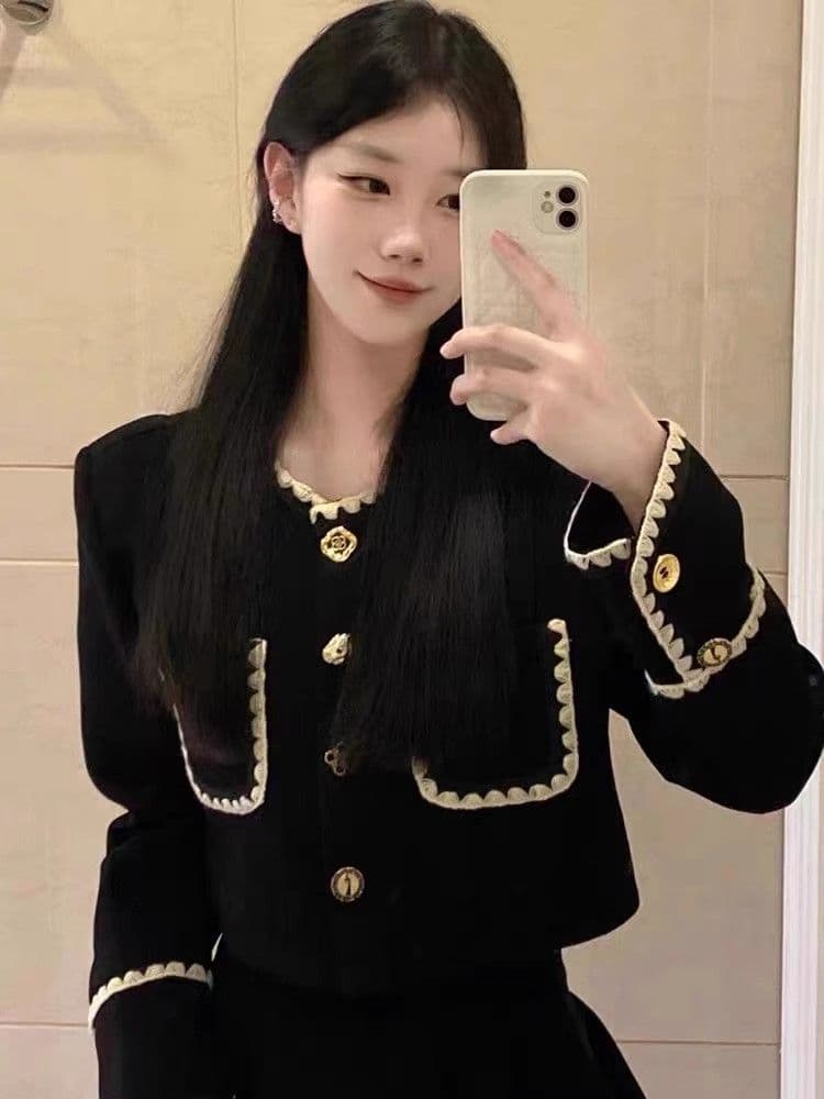 패션 슈퍼 화재 가을 겨울 새로운 빛 럭셔리 작은 샤넬 스타일 두꺼운 짧은 외투 하이웨이스트 반신 스커트 학원 스타일 투피스 세트 상세 이미지 11