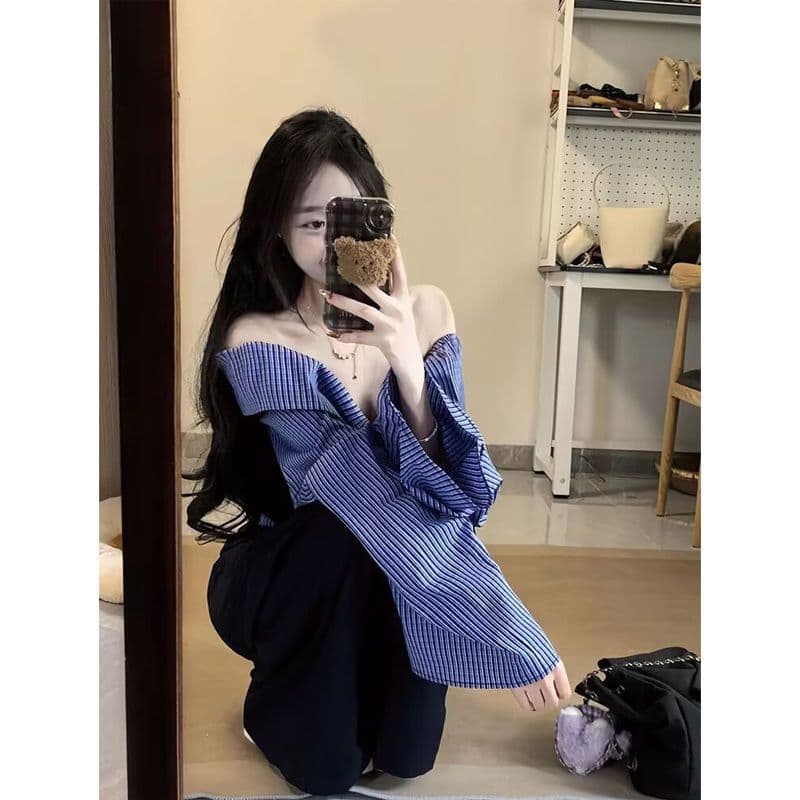 한국 동대문 슈퍼 화재 세트 오프숄더 스트라이프 패치워크 맨위 여성 가을 새로운 슬림해 보이는 몸매 가꾸기 캐주얼 바지 이미지 4