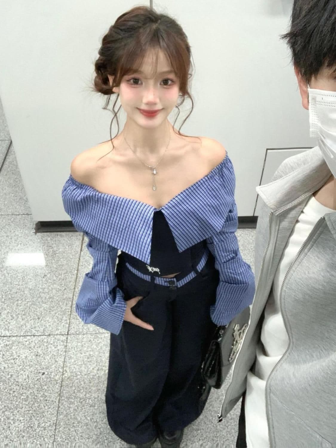 한국 동대문 슈퍼 화재 세트 오프숄더 스트라이프 패치워크 맨위 여성 가을 새로운 슬림해 보이는 몸매 가꾸기 캐주얼 바지 상세 이미지 11