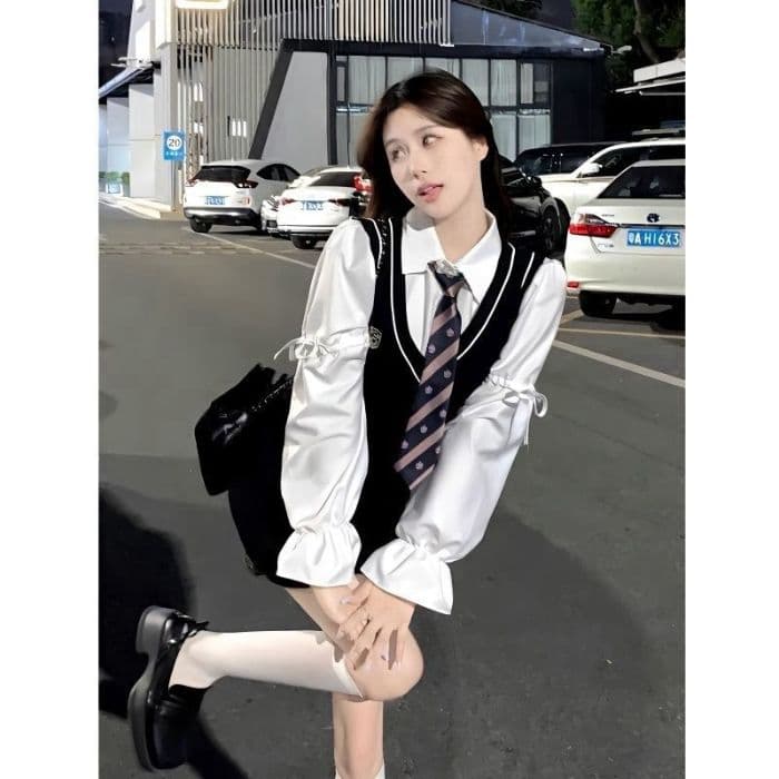 한국 동대문 슈퍼 화재 학원 스타일 달콤함 멜빵 드레스 가을 새로운 핫걸 패션 페이크 레이어드 치마 상세 이미지 6