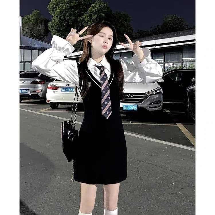 한국 동대문 슈퍼 화재 학원 스타일 달콤함 멜빵 드레스 가을 새로운 핫걸 패션 페이크 레이어드 치마 상세 이미지 11