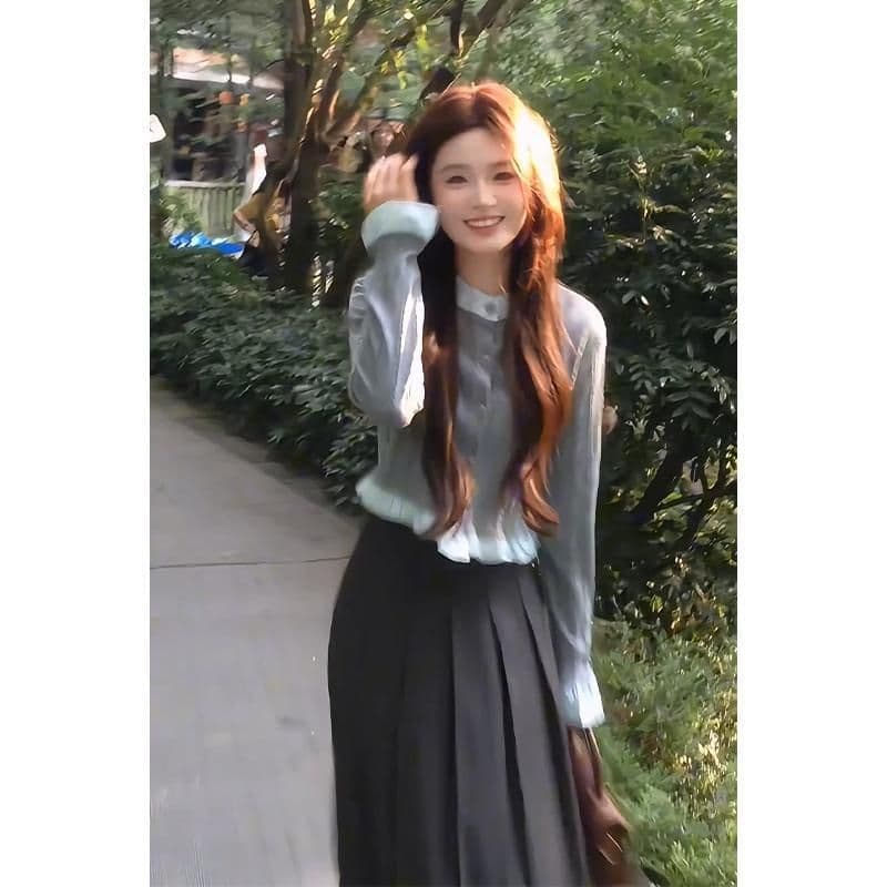 2026 이른 가을 새로운 여성 한 부서 착용 가져 가라. 라운드 넥 몸매 가꾸기 배색 맨위 품격 하이웨이스트 슬림해 보이는 플리츠 반신 스커트 이미지 5