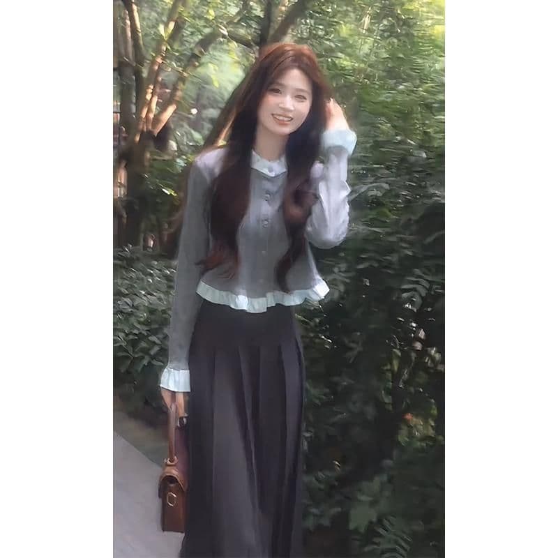 2026 이른 가을 새로운 여성 한 부서 착용 가져 가라. 라운드 넥 몸매 가꾸기 배색 맨위 품격 하이웨이스트 슬림해 보이는 플리츠 반신 스커트 상세 이미지 2