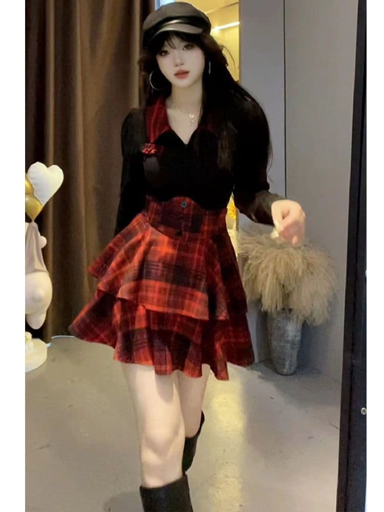 한국 동대문 순수한 욕망 jk 유니폼 세트 여성 가을 겨울 허리 수축 퍼프 미니 스커트 슬림해 보이는 셔츠 맨위 투피스 세트 상세 이미지 7