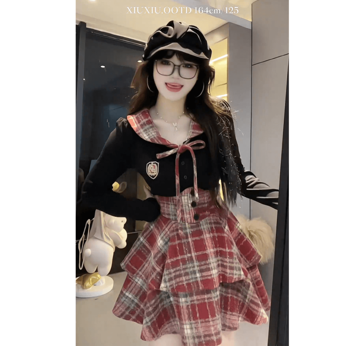 슈퍼 화재 순수한 욕망 바람 jk 유니폼 세트 여성 봄 가을 새로운 패치워크 셔츠 체크무늬 허리 치마 슬림해 보이는 투피스 세트 이미지 3
