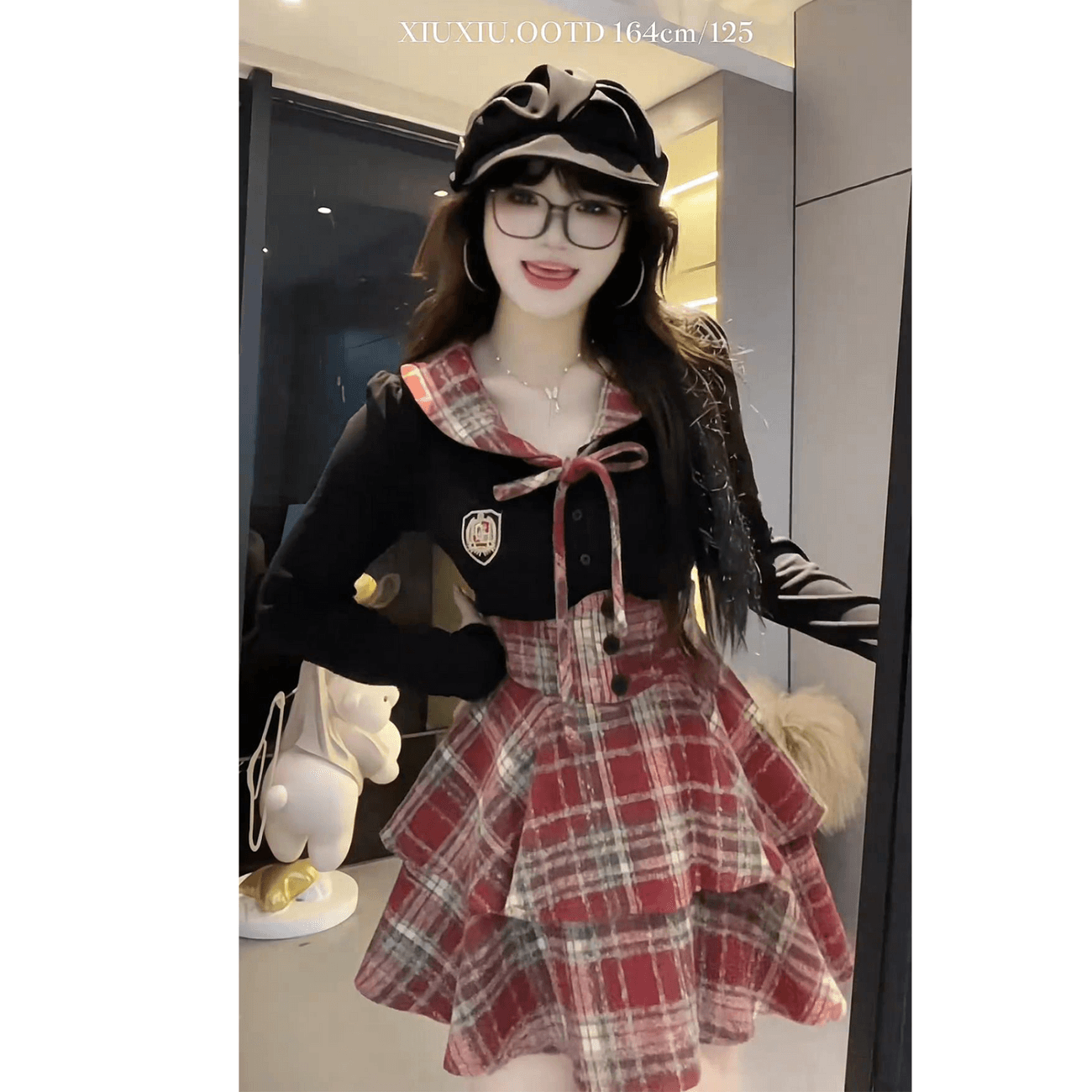 슈퍼 화재 순수한 욕망 바람 jk 유니폼 세트 여성 봄 가을 새로운 패치워크 셔츠 체크무늬 허리 치마 슬림해 보이는 투피스 세트 상세 이미지 8