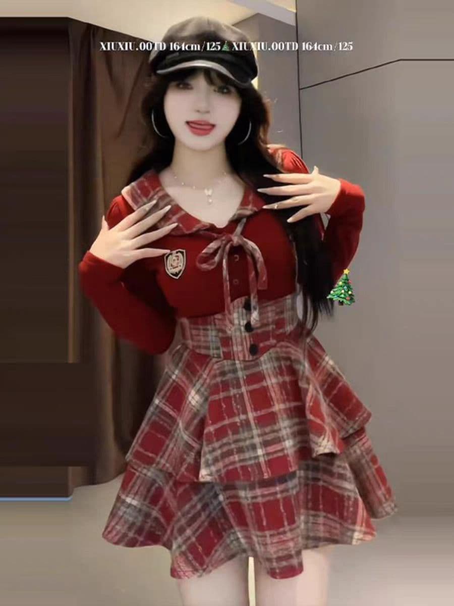 슈퍼 화재 순수한 욕망 바람 jk 유니폼 세트 여성 봄 가을 새로운 패치워크 셔츠 체크무늬 허리 치마 슬림해 보이는 투피스 세트 상세 이미지 11