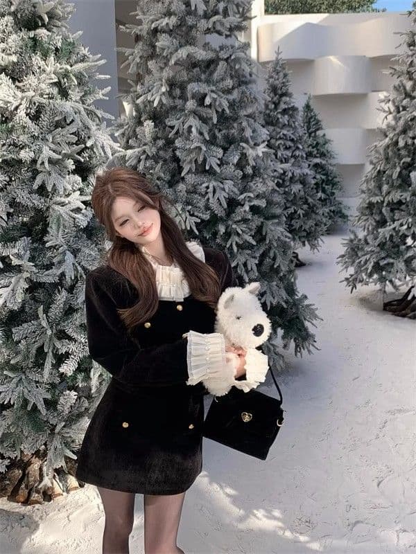 한국 동대문 패션 슈퍼 화재 작은 샤넬 스타일 벨벳 패치워크 짧은 외투 하이웨이스트 반신 스커트 채볼 천 골드 세트