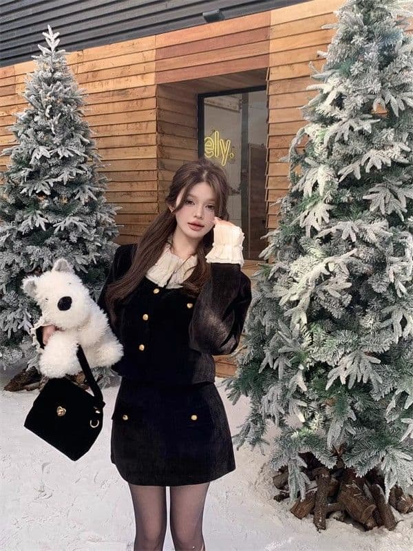 한국 동대문 패션 슈퍼 화재 작은 샤넬 스타일 벨벳 패치워크 짧은 외투 하이웨이스트 반신 스커트 채볼 천 골드 세트 상세 이미지 3