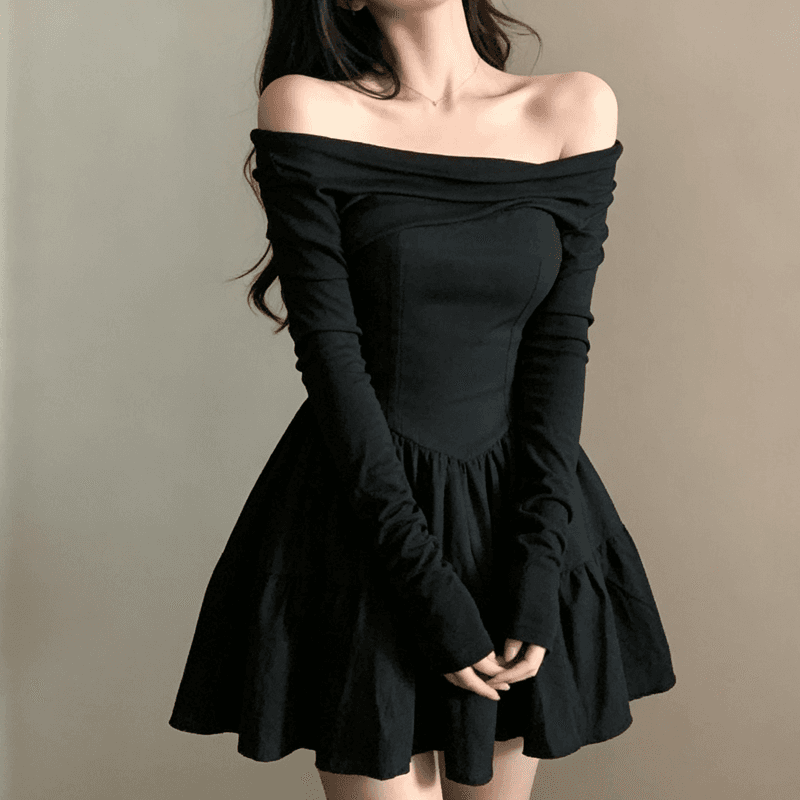 빅 사이즈 여성 의류 마이크로 지방 mm 오프숄더 작은 대중 슬림해 보이는 미니 스커트 가을 겨울 품격 디자인 센스 주름 한 마디 드레스 상세 이미지 2