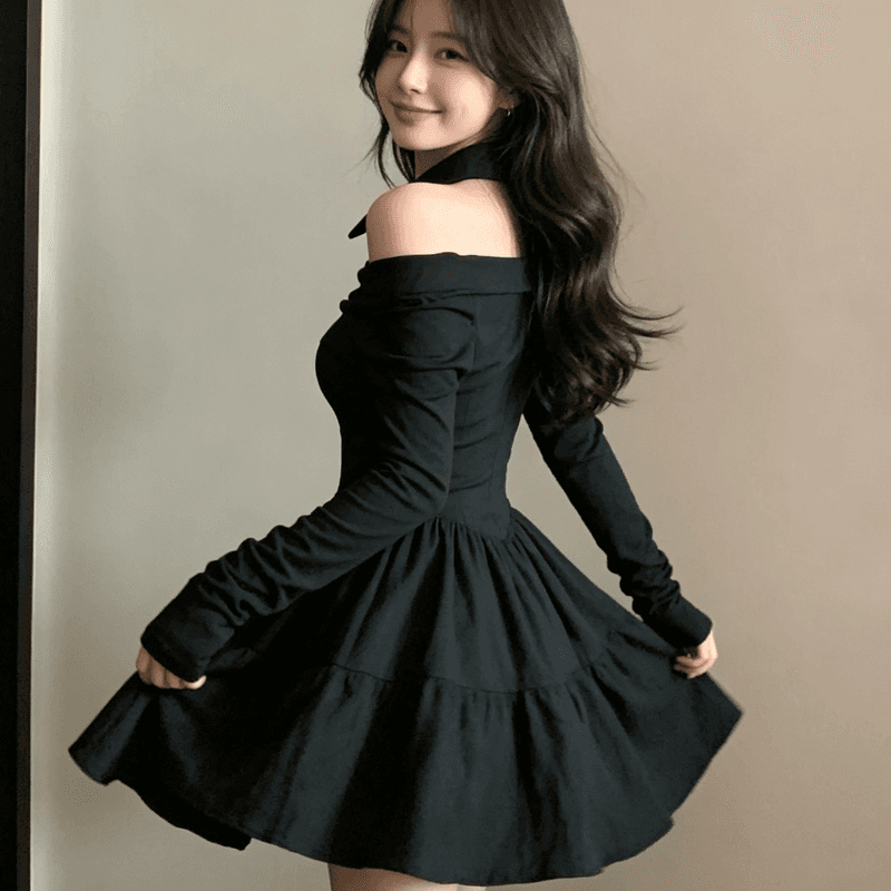 빅 사이즈 여성 의류 마이크로 지방 mm 오프숄더 작은 대중 슬림해 보이는 미니 스커트 가을 겨울 품격 디자인 센스 주름 한 마디 드레스 상세 이미지 3
