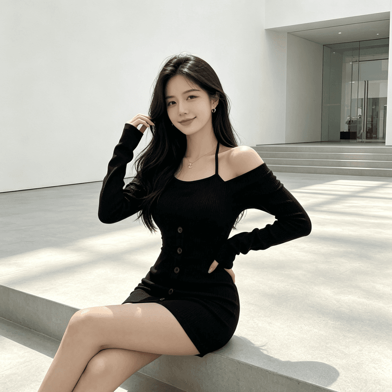 페이크 레이어드 핫걸 오프숄더 슬립 여성 드레스 2026 년 봄 가을 새로운 타이트 슬림해 보이는 섹시함 타이트 스커트 이미지 2