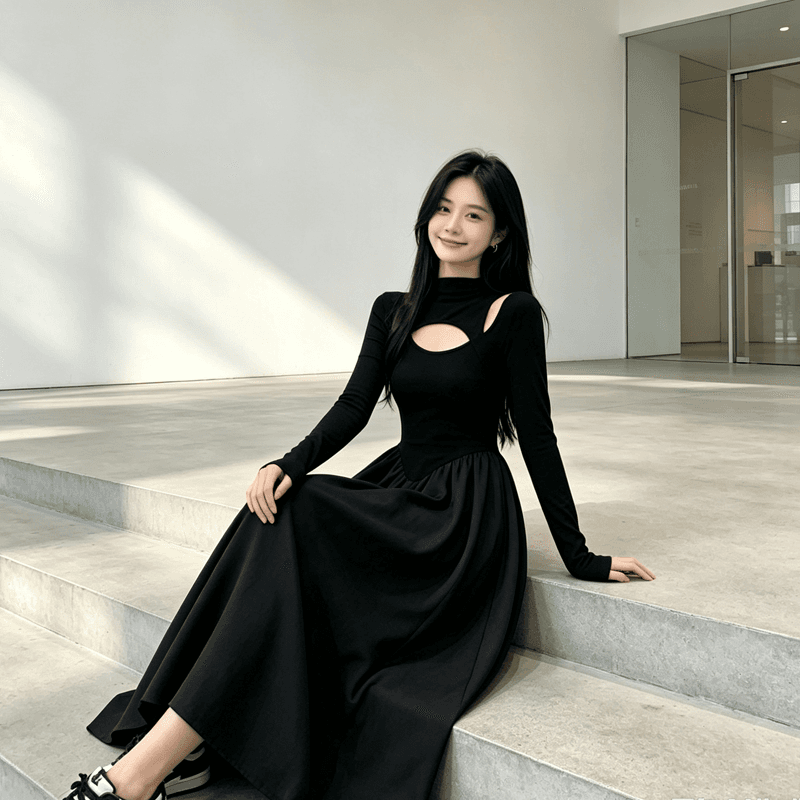 빅 사이즈 고급 센스 니트 작은 검은 드레스 여성 2026 새로운 가을 그는 벤 바람 드레스 지방 mm 슬림해 보이는 길다 치마 이미지 2