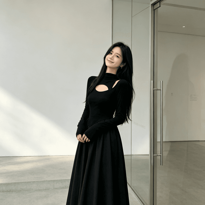 빅 사이즈 고급 센스 니트 작은 검은 드레스 여성 2026 새로운 가을 그는 벤 바람 드레스 지방 mm 슬림해 보이는 길다 치마 이미지 4