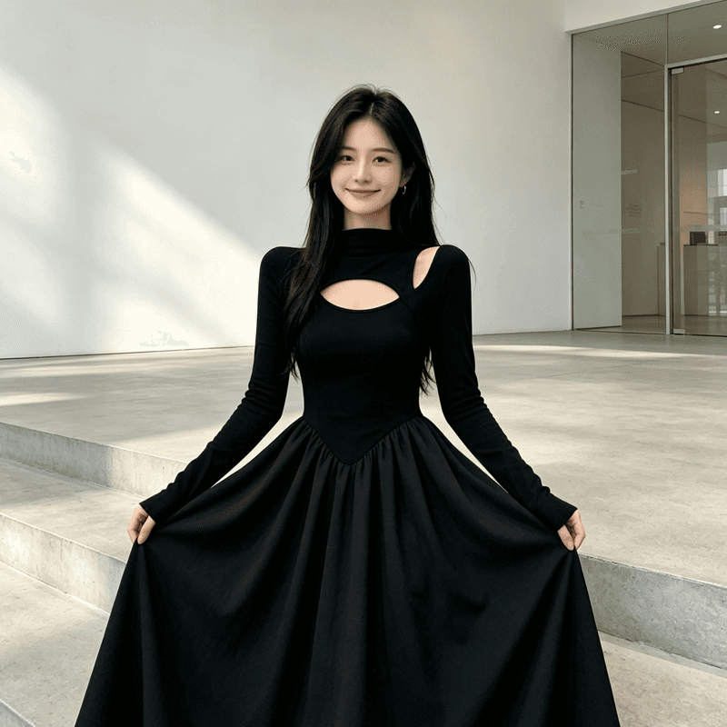 빅 사이즈 고급 센스 니트 작은 검은 드레스 여성 2026 새로운 가을 그는 벤 바람 드레스 지방 mm 슬림해 보이는 길다 치마 상세 이미지 5