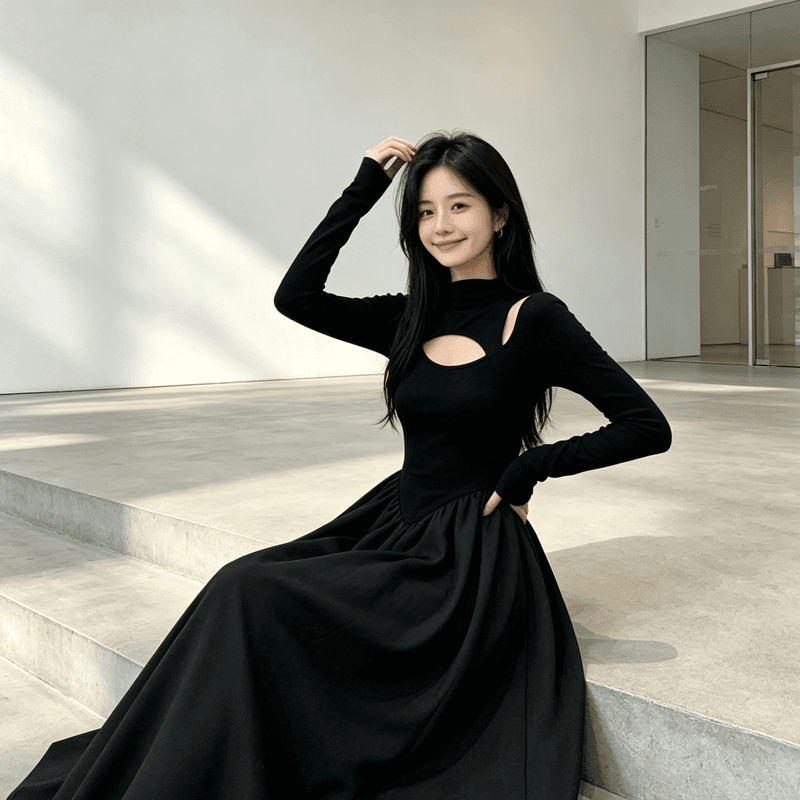 빅 사이즈 고급 센스 니트 작은 검은 드레스 여성 2026 새로운 가을 그는 벤 바람 드레스 지방 mm 슬림해 보이는 길다 치마 상세 이미지 7