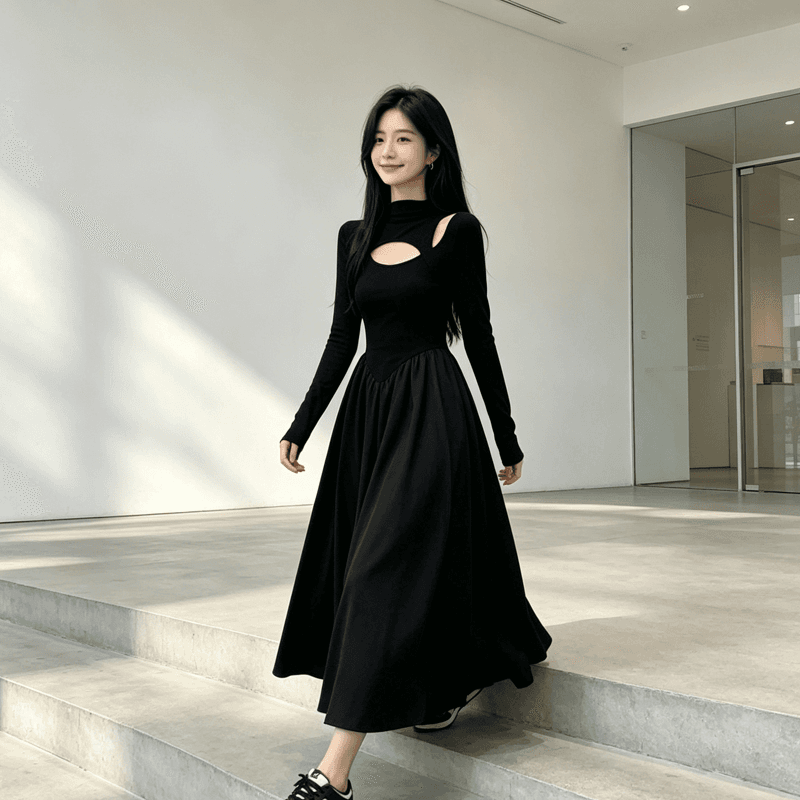 빅 사이즈 고급 센스 니트 작은 검은 드레스 여성 2026 새로운 가을 그는 벤 바람 드레스 지방 mm 슬림해 보이는 길다 치마 상세 이미지 11