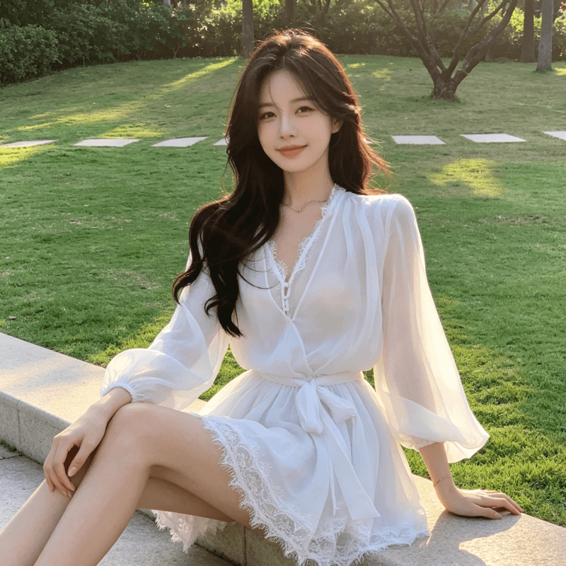 2026 가을 새로운 벌룬 소매 화이트 레이스 레이스 V넥 쉬폰 드레스 쇼트 스타일 허리 수축 요정 치마 트렌디 이미지 3