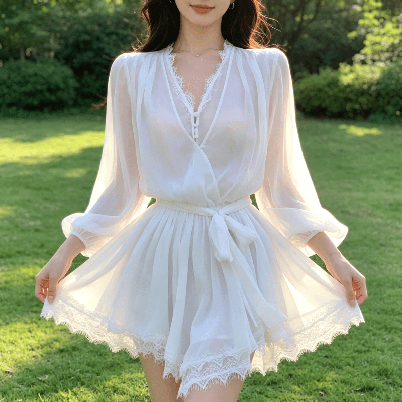 2026 가을 새로운 벌룬 소매 화이트 레이스 레이스 V넥 쉬폰 드레스 쇼트 스타일 허리 수축 요정 치마 트렌디 상세 이미지 4