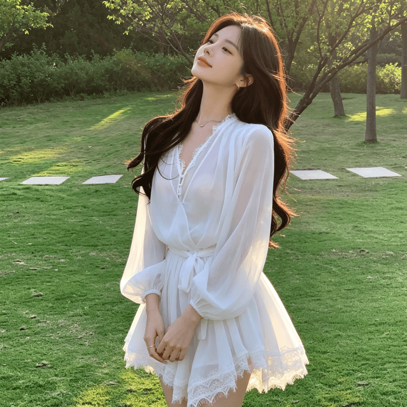 2026 가을 새로운 벌룬 소매 화이트 레이스 레이스 V넥 쉬폰 드레스 쇼트 스타일 허리 수축 요정 치마 트렌디 상세 이미지 10