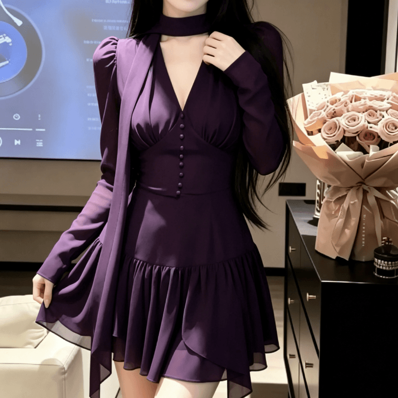 슈퍼 화재 마이크로 지방 mm 프랑스식 순수한 욕망 섹시함 V넥 패치워크 여성 드레스 가을 새로운 품격 허리 수축 한 마디 미니 스커트 이미지 3