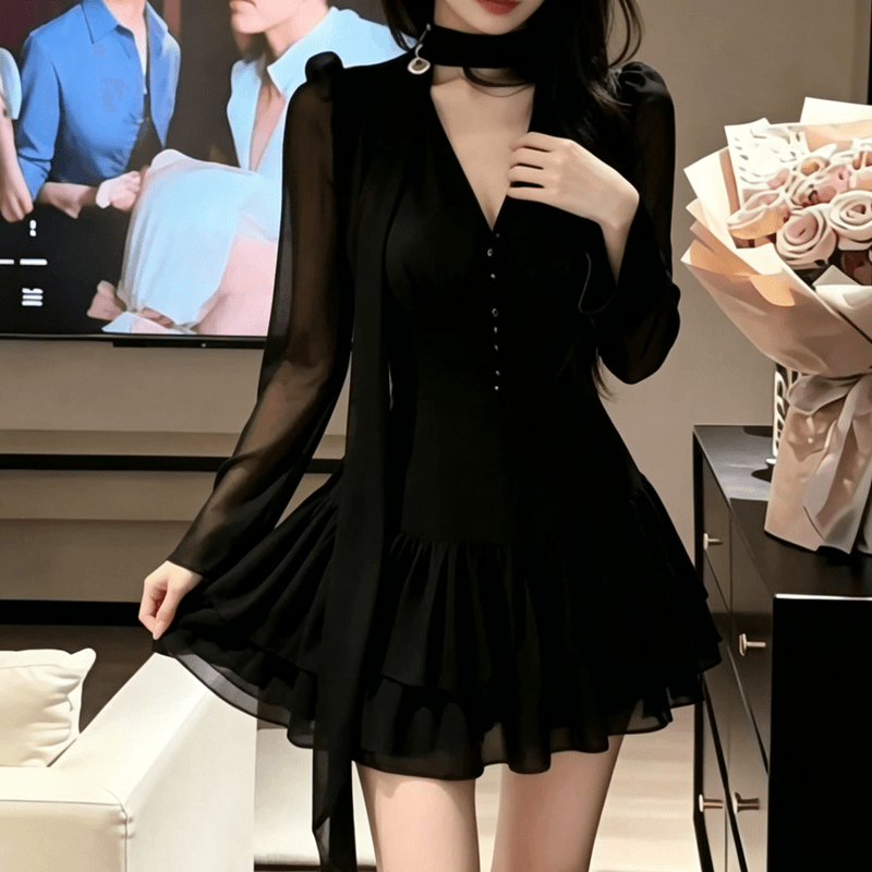 슈퍼 화재 마이크로 지방 mm 프랑스식 순수한 욕망 섹시함 V넥 패치워크 여성 드레스 가을 새로운 품격 허리 수축 한 마디 미니 스커트 이미지 2