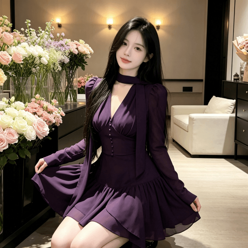 슈퍼 화재 마이크로 지방 mm 프랑스식 순수한 욕망 섹시함 V넥 패치워크 여성 드레스 가을 새로운 품격 허리 수축 한 마디 미니 스커트 상세 이미지 3