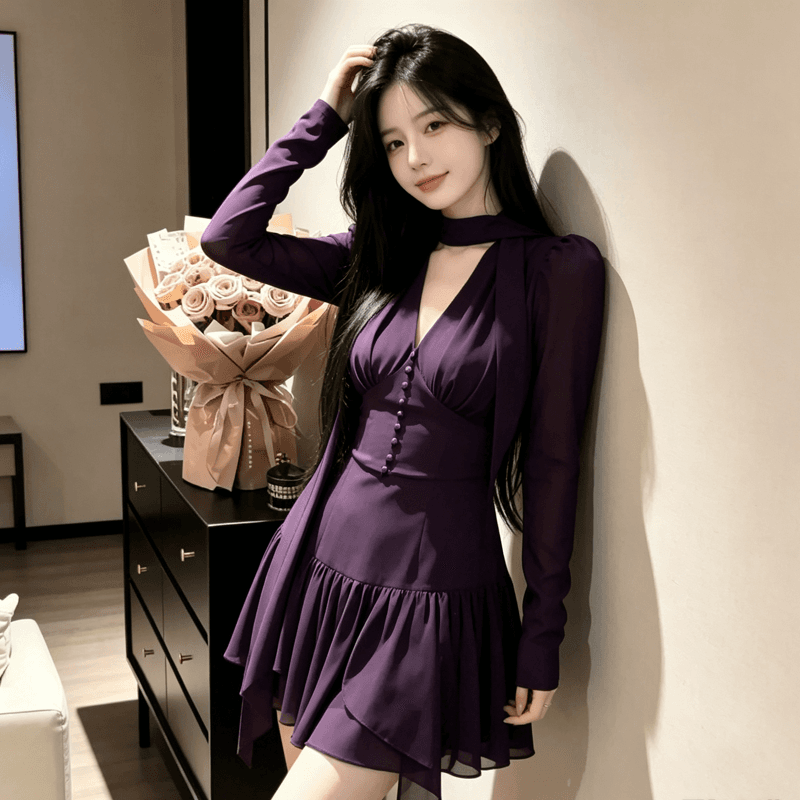 슈퍼 화재 마이크로 지방 mm 프랑스식 순수한 욕망 섹시함 V넥 패치워크 여성 드레스 가을 새로운 품격 허리 수축 한 마디 미니 스커트 상세 이미지 4