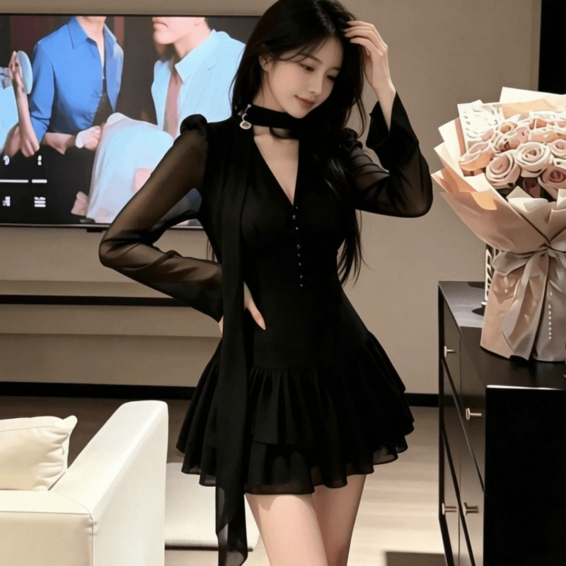 슈퍼 화재 마이크로 지방 mm 프랑스식 순수한 욕망 섹시함 V넥 패치워크 여성 드레스 가을 새로운 품격 허리 수축 한 마디 미니 스커트 상세 이미지 7