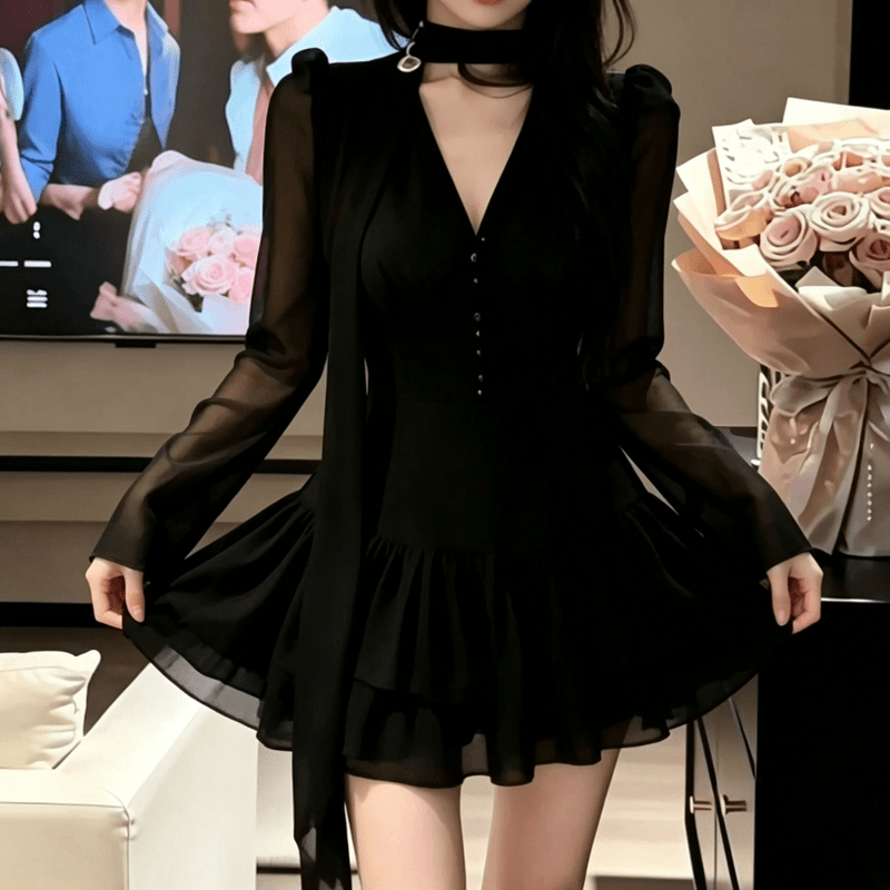 슈퍼 화재 마이크로 지방 mm 프랑스식 순수한 욕망 섹시함 V넥 패치워크 여성 드레스 가을 새로운 품격 허리 수축 한 마디 미니 스커트 상세 이미지 11